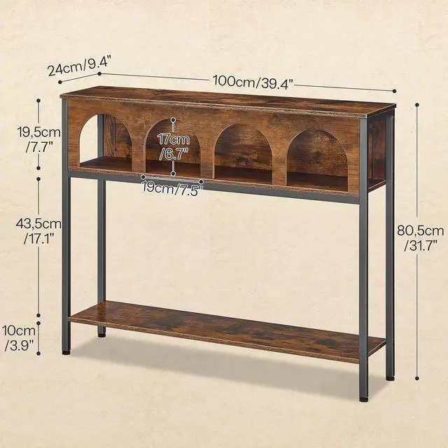 Alt view image 3 of 7 - Narrow Console Table, Entryway Table with 3-Tier Storage, Sofa Table, Behind Couch Table with Arched Design for Living Room, Entrance, Hallway, Rustic Brown and Black BF106XG01