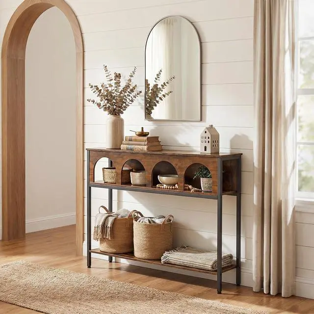 Alt view image 4 of 7 - Narrow Console Table, Entryway Table with 3-Tier Storage, Sofa Table, Behind Couch Table with Arched Design for Living Room, Entrance, Hallway, Rustic Brown and Black BF106XG01