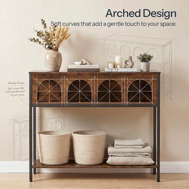 Alt view image 7 of 7 - Narrow Console Table, Entryway Table with 3-Tier Storage, Sofa Table, Behind Couch Table with Arched Design for Living Room, Entrance, Hallway, Rustic Brown and Black BF106XG01