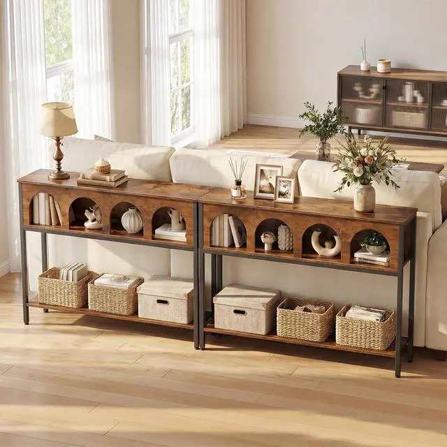 Alt view image 6 of 7 - Narrow Console Table, Entryway Table with 3-Tier Storage, Sofa Table, Behind Couch Table with Arched Design for Living Room, Entrance, Hallway, Rustic Brown and Black BF106XG01