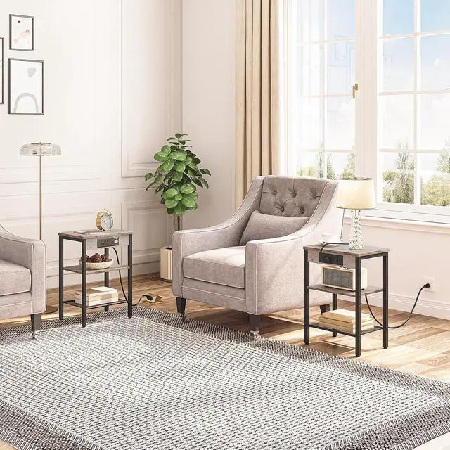 Alt view image 2 of 7 - Side Tables Set of 2 with Charging Station and USB Port, Small End Tables for Small Space, 3-Tier Nightstands with Adjustable Shelf, for Living Room, Bedroom, Greige and Black BG112BZP201
