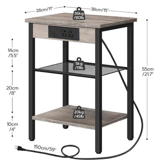 Alt view image 3 of 7 - Side Tables Set of 2 with Charging Station and USB Port, Small End Tables for Small Space, 3-Tier Nightstands with Adjustable Shelf, for Living Room, Bedroom, Greige and Black BG112BZP201