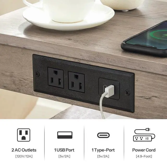 Alt view image 4 of 7 - Side Tables Set of 2 with Charging Station and USB Port, Small End Tables for Small Space, 3-Tier Nightstands with Adjustable Shelf, for Living Room, Bedroom, Greige and Black BG112BZP201
