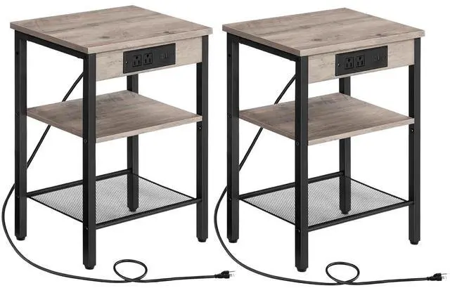 Main image of Side Tables Set of 2 with Charging Station and USB Port, Small End Tables for Small Space, 3-Tier Nightstands with Adjustable Shelf, for Living Room, Bedroom, Greige and Black BG112BZP201