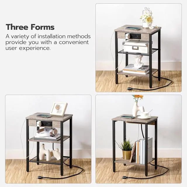 Alt view image 6 of 7 - Side Tables Set of 2 with Charging Station and USB Port, Small End Tables for Small Space, 3-Tier Nightstands with Adjustable Shelf, for Living Room, Bedroom, Greige and Black BG112BZP201