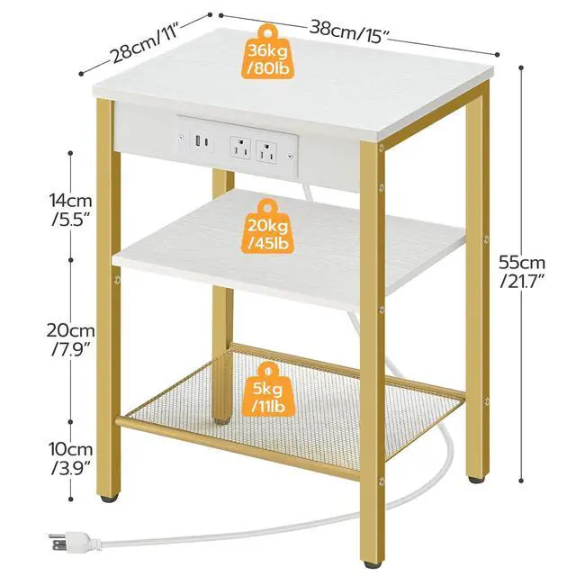 Alt view image 3 of 7 - Side Table with Charging Station and USB Port, Small End Table for Small Space, 3-Tier Nightstand with Adjustable Shelf, for Living Room, Bedroom, White and Gold DW112BZ01G1