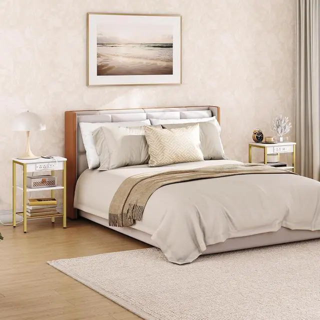 Alt view image 4 of 7 - Side Table with Charging Station and USB Port, Small End Table for Small Space, 3-Tier Nightstand with Adjustable Shelf, for Living Room, Bedroom, White and Gold DW112BZ01G1