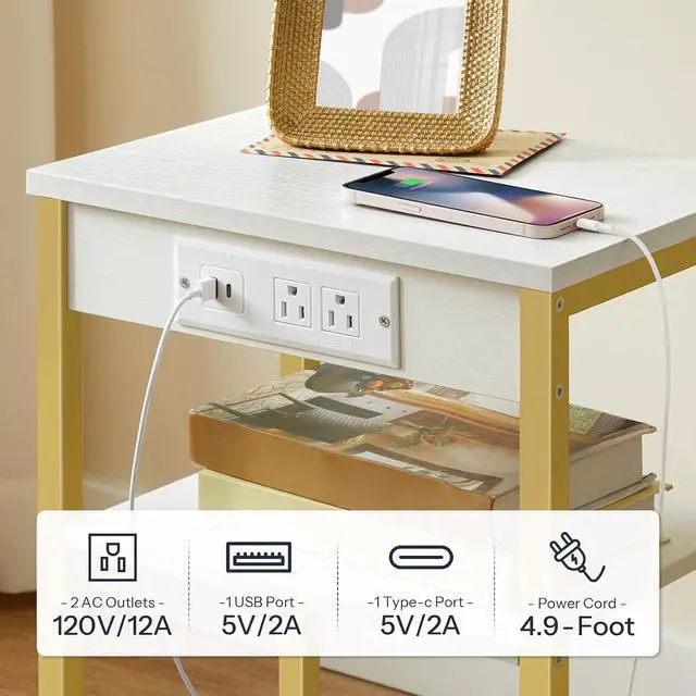 Alt view image 5 of 7 - Side Table with Charging Station and USB Port, Small End Table for Small Space, 3-Tier Nightstand with Adjustable Shelf, for Living Room, Bedroom, White and Gold DW112BZ01G1