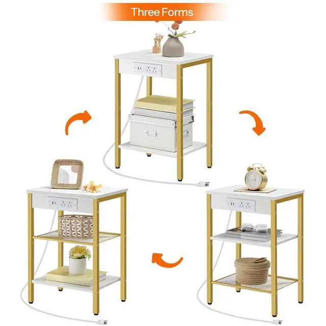 Alt view image 6 of 7 - Side Table with Charging Station and USB Port, Small End Table for Small Space, 3-Tier Nightstand with Adjustable Shelf, for Living Room, Bedroom, White and Gold DW112BZ01G1