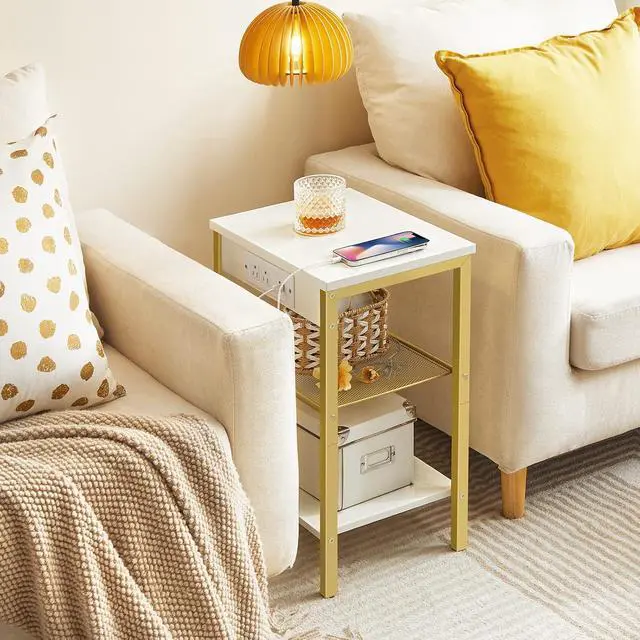 Alt view image 7 of 7 - Side Table with Charging Station and USB Port, Small End Table for Small Space, 3-Tier Nightstand with Adjustable Shelf, for Living Room, Bedroom, White and Gold DW112BZ01G1