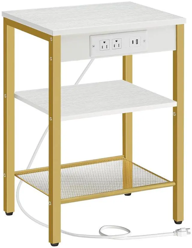 Main image of Side Table with Charging Station and USB Port, Small End Table for Small Space, 3-Tier Nightstand with Adjustable Shelf, for Living Room, Bedroom, White and Gold DW112BZ01G1