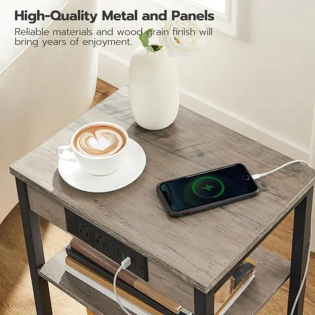 Alt view image 7 of 7 - Side Tables Set of 2 with Charging Station and USB Port, Small End Tables for Small Space, 3-Tier Nightstands with Adjustable Shelf, for Living Room, Bedroom, Greige and Black BG112BZP201