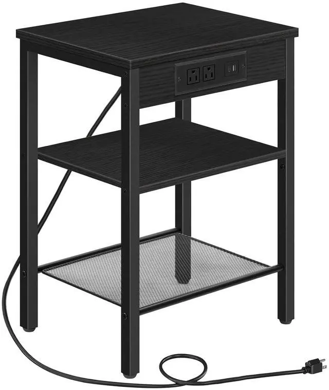 Main image of Side Table with Charging Station and USB Port, Small End Table for Small Space, 3-Tier Nightstand with Adjustable Shelf, for Living Room, Bedroom, Black BB112BZ01