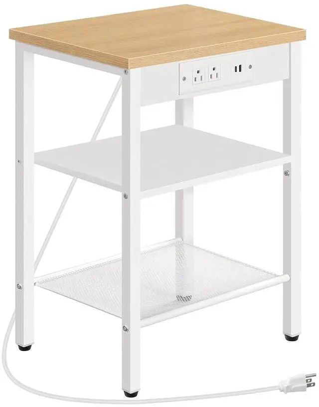 Main image of Side Table with Charging Station and USB Port, Small End Table for Small Space, 3-Tier Nightstand with Adjustable Shelf, for Living Room, Bedroom, Natural and White WN112BZ01