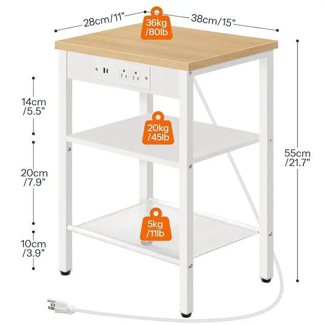 Alt view image 3 of 7 - Side Table with Charging Station and USB Port, Small End Table for Small Space, 3-Tier Nightstand with Adjustable Shelf, for Living Room, Bedroom, Natural and White WN112BZ01