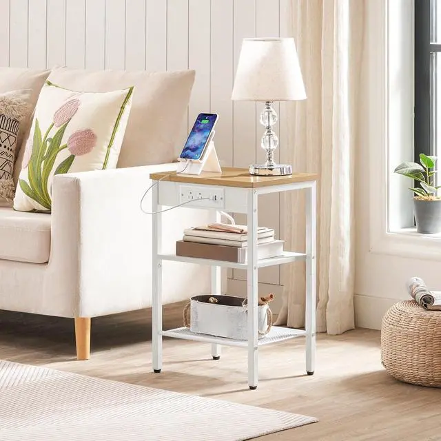 Alt view image 2 of 7 - Side Table with Charging Station and USB Port, Small End Table for Small Space, 3-Tier Nightstand with Adjustable Shelf, for Living Room, Bedroom, Natural and White WN112BZ01