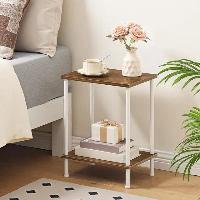 Alt view image 2 of 5 - End Tables Set of 2, Small Side Table, Nightstand with 2-Layer Storage Shelves, Sofa Table for Small Spaces, Living Room, Bedroom, Stable Frame, Easy Assembly, Walnut and White WH09BZP201