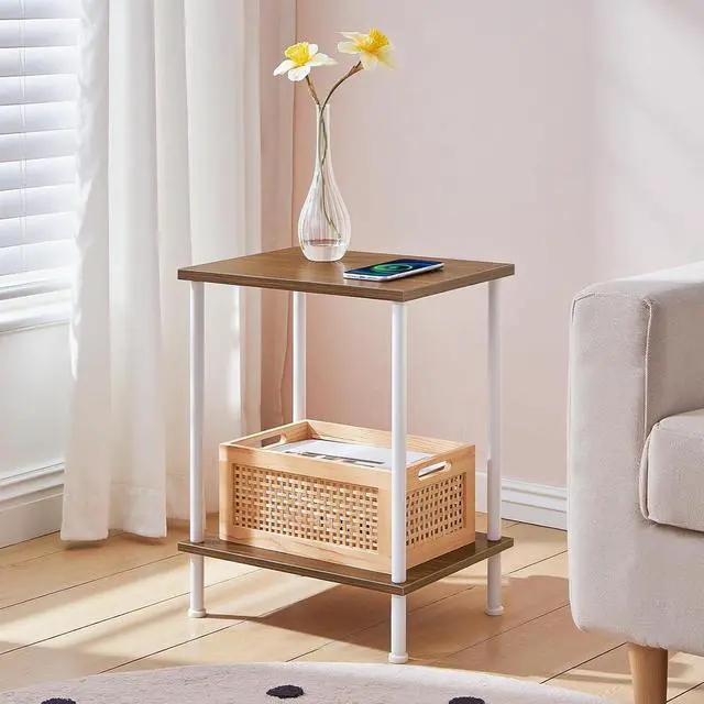 Alt view image 4 of 5 - End Tables Set of 2, Small Side Table, Nightstand with 2-Layer Storage Shelves, Sofa Table for Small Spaces, Living Room, Bedroom, Stable Frame, Easy Assembly, Walnut and White WH09BZP201