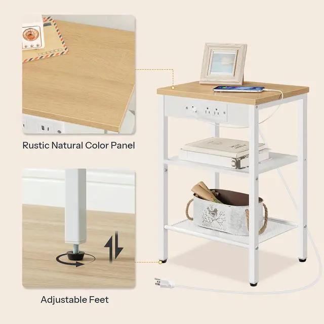 Alt view image 6 of 7 - Side Table with Charging Station and USB Port, Small End Table for Small Space, 3-Tier Nightstand with Adjustable Shelf, for Living Room, Bedroom, Natural and White WN112BZ01