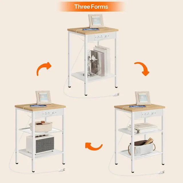 Alt view image 7 of 7 - Side Table with Charging Station and USB Port, Small End Table for Small Space, 3-Tier Nightstand with Adjustable Shelf, for Living Room, Bedroom, Natural and White WN112BZ01