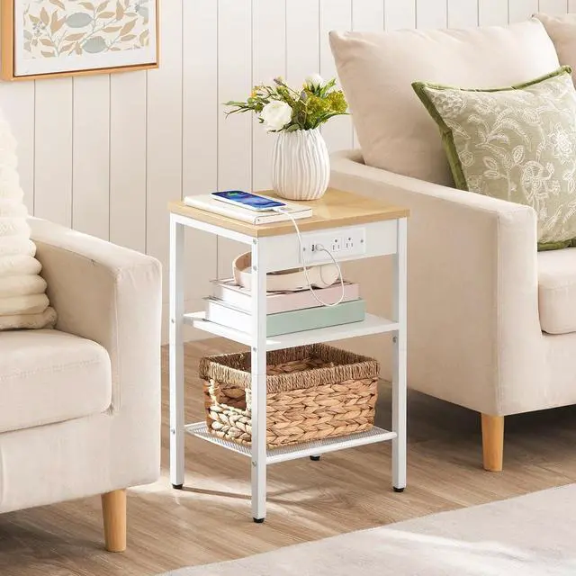Alt view image 5 of 7 - Side Table with Charging Station and USB Port, Small End Table for Small Space, 3-Tier Nightstand with Adjustable Shelf, for Living Room, Bedroom, Natural and White WN112BZ01