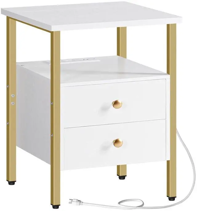 Main image of End Table with Charging Station, Bedside Table with 2 Drawer & USB Port & Type-C Port, Nightstand for Small Spaces, Stable and Sturdy, for Living Room, White and Gold DW43UBZ01