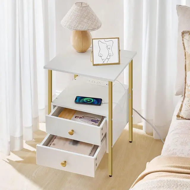 Alt view image 2 of 7 - End Table with Charging Station, Bedside Table with 2 Drawer & USB Port & Type-C Port, Nightstand for Small Spaces, Stable and Sturdy, for Living Room, White and Gold DW43UBZ01