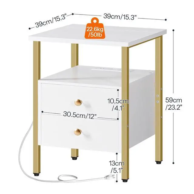 Alt view image 3 of 7 - End Table with Charging Station, Bedside Table with 2 Drawer & USB Port & Type-C Port, Nightstand for Small Spaces, Stable and Sturdy, for Living Room, White and Gold DW43UBZ01