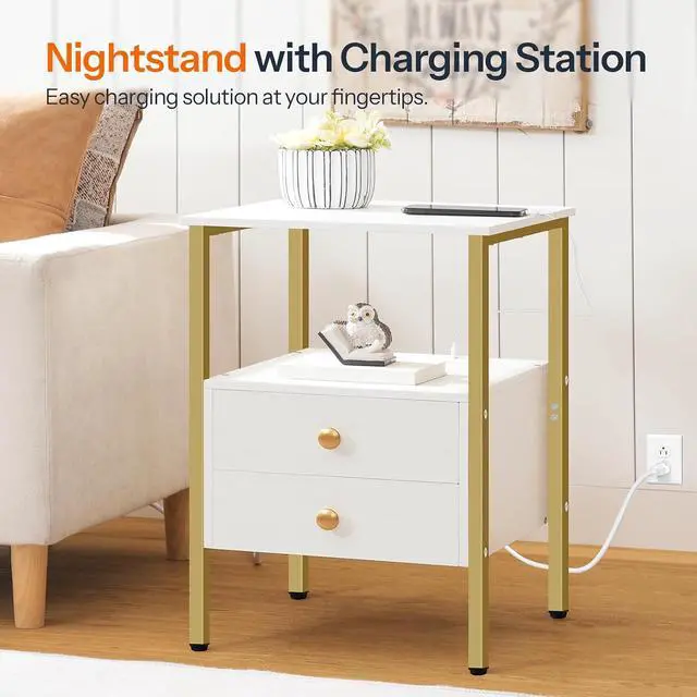 Alt view image 4 of 7 - End Table with Charging Station, Bedside Table with 2 Drawer & USB Port & Type-C Port, Nightstand for Small Spaces, Stable and Sturdy, for Living Room, White and Gold DW43UBZ01