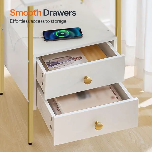 Alt view image 6 of 7 - End Table with Charging Station, Bedside Table with 2 Drawer & USB Port & Type-C Port, Nightstand for Small Spaces, Stable and Sturdy, for Living Room, White and Gold DW43UBZ01