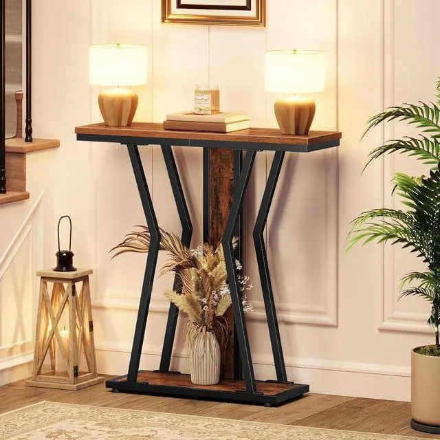 Alt view image 2 of 7 - Narrow Console Table, 29.5" Small Entryway Table with Storage, 2-Tier Sofa Table Behind Couch, Modern Style, for Living Room, Hallway, Foyer, Bedroom, Rustic Brown and Black BF66XG01