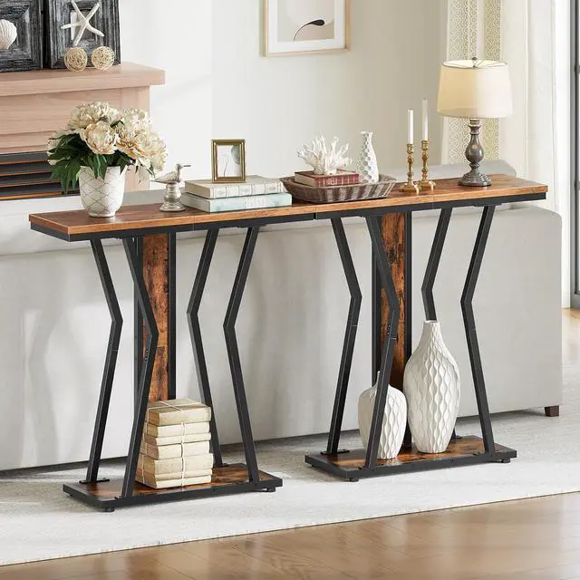 Alt view image 4 of 7 - Narrow Console Table, 29.5" Small Entryway Table with Storage, 2-Tier Sofa Table Behind Couch, Modern Style, for Living Room, Hallway, Foyer, Bedroom, Rustic Brown and Black BF66XG01