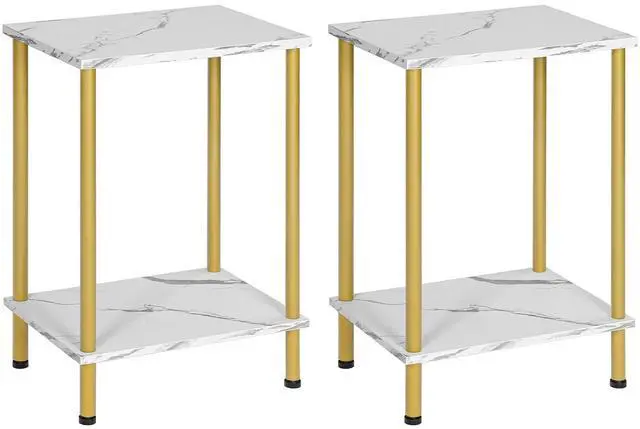Main image of End Tables Set of 2, Small Side Table, Nightstand with 2-Layer Storage Shelves, Sofa Table for Small Spaces, Living Room, Bedroom, Stable Frame, Easy Assembly, Gold and Marble DM09BZP201