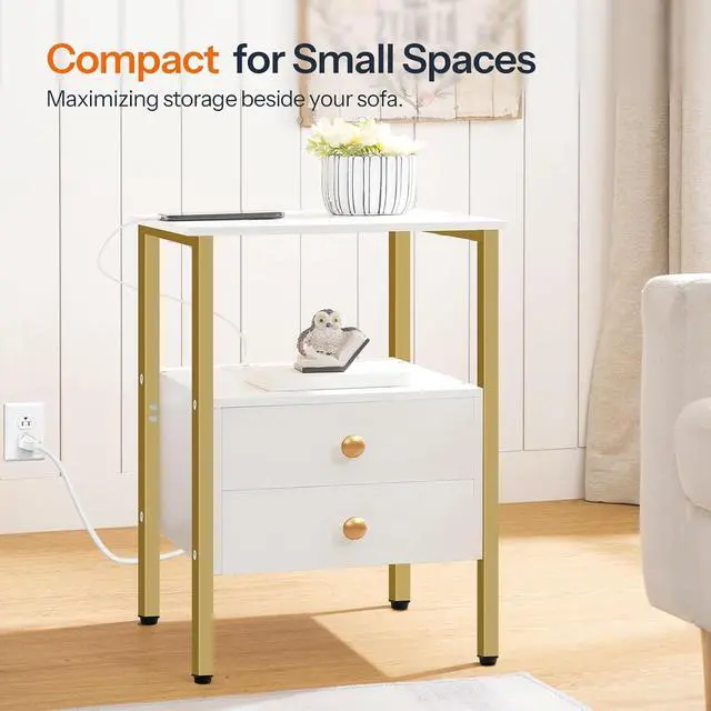 Alt view image 7 of 7 - End Table with Charging Station, Bedside Table with 2 Drawer & USB Port & Type-C Port, Nightstand for Small Spaces, Stable and Sturdy, for Living Room, White and Gold DW43UBZ01