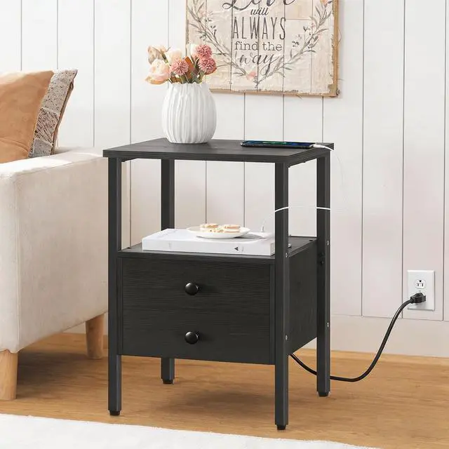 Alt view image 2 of 6 - End Table with Charging Station, Bedside Table with 2 Drawer & USB Port & Type-C Port, Nightstand for Small Spaces, Stable and Sturdy, for Living Room, Black BB43UBZ01