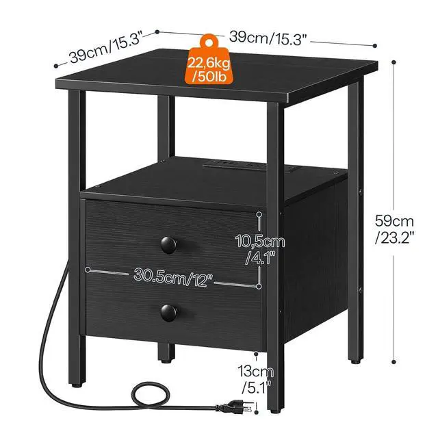 Alt view image 3 of 6 - End Table with Charging Station, Bedside Table with 2 Drawer & USB Port & Type-C Port, Nightstand for Small Spaces, Stable and Sturdy, for Living Room, Black BB43UBZ01