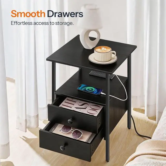 Alt view image 4 of 6 - End Table with Charging Station, Bedside Table with 2 Drawer & USB Port & Type-C Port, Nightstand for Small Spaces, Stable and Sturdy, for Living Room, Black BB43UBZ01