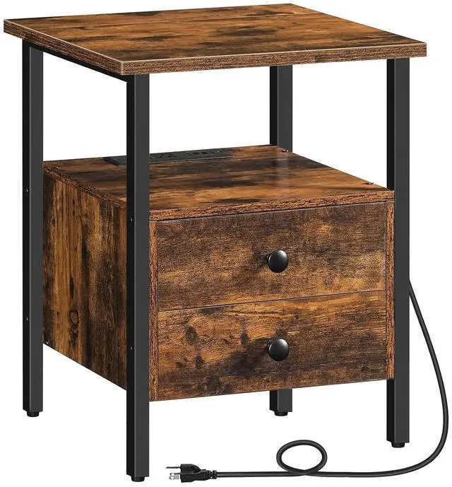 Main image of End Table with Charging Station, Bedside Table with 2 Drawer & USB Port & Type-C Port, Nightstand for Small Spaces, Stable and Sturdy, for Living Room, Rustic Brown BF43UBZ01