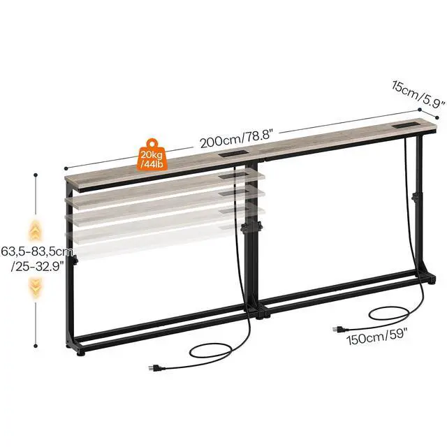 Alt view image 3 of 7 - Narrow Console Table Set of 2 with Charging Station, Adjustable Height Sofa Table (25''-32.9''), Slim Behind Couch Table for Small Spaces, Entryway, 78.8" Greige and Black BG95UXGP201