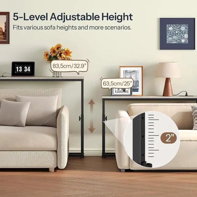 Alt view image 4 of 7 - Narrow Console Table Set of 2 with Charging Station, Adjustable Height Sofa Table (25''-32.9''), Slim Behind Couch Table for Small Spaces, Entryway, 78.8" Greige and Black BG95UXGP201