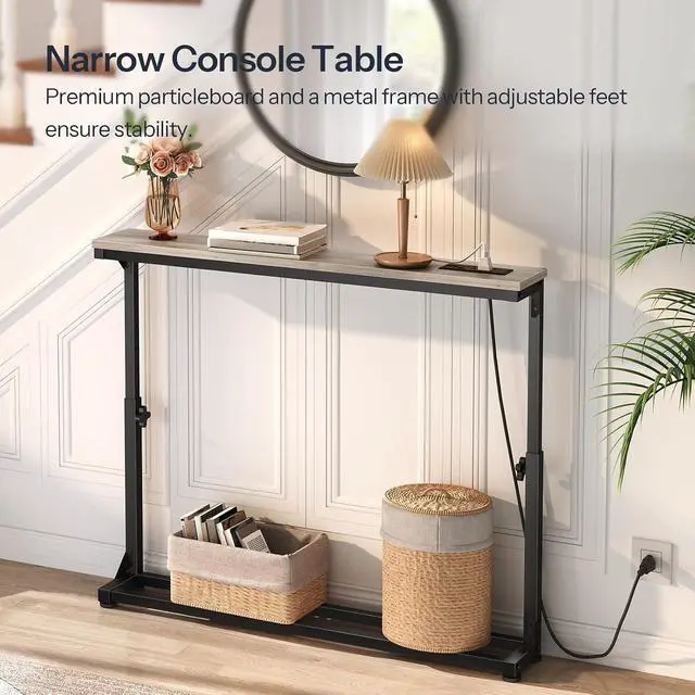 Alt view image 6 of 7 - Narrow Console Table Set of 2 with Charging Station, Adjustable Height Sofa Table (25''-32.9''), Slim Behind Couch Table for Small Spaces, Entryway, 78.8" Greige and Black BG95UXGP201