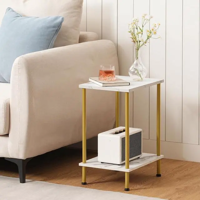 Alt view image 4 of 7 - End Tables Set of 2, Small Side Table, Nightstand with 2-Layer Storage Shelves, Sofa Table for Small Spaces, Living Room, Bedroom, Stable Frame, Easy Assembly, Gold and Marble DM09BZP201
