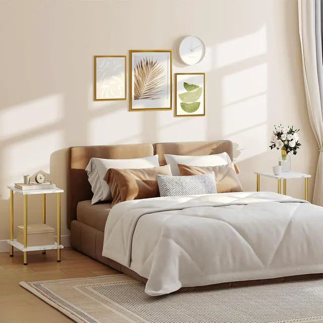 Alt view image 6 of 7 - End Tables Set of 2, Small Side Table, Nightstand with 2-Layer Storage Shelves, Sofa Table for Small Spaces, Living Room, Bedroom, Stable Frame, Easy Assembly, Gold and Marble DM09BZP201