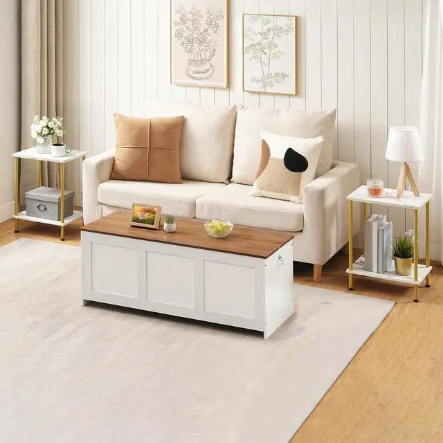 Alt view image 2 of 7 - End Tables Set of 2, Small Side Table, Nightstand with 2-Layer Storage Shelves, Sofa Table for Small Spaces, Living Room, Bedroom, Stable Frame, Easy Assembly, Gold and Marble DM09BZP201