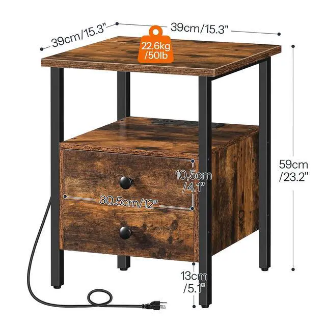 Alt view image 3 of 7 - End Table with Charging Station, Bedside Table with 2 Drawer & USB Port & Type-C Port, Nightstand for Small Spaces, Stable and Sturdy, for Living Room, Rustic Brown BF43UBZ01