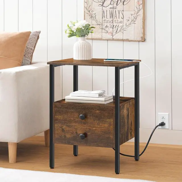 Alt view image 5 of 7 - End Table with Charging Station, Bedside Table with 2 Drawer & USB Port & Type-C Port, Nightstand for Small Spaces, Stable and Sturdy, for Living Room, Rustic Brown BF43UBZ01