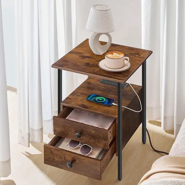 Alt view image 2 of 7 - End Table with Charging Station, Bedside Table with 2 Drawer & USB Port & Type-C Port, Nightstand for Small Spaces, Stable and Sturdy, for Living Room, Rustic Brown BF43UBZ01