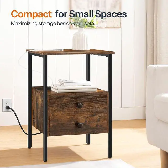 Alt view image 4 of 7 - End Table with Charging Station, Bedside Table with 2 Drawer & USB Port & Type-C Port, Nightstand for Small Spaces, Stable and Sturdy, for Living Room, Rustic Brown BF43UBZ01