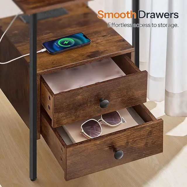 Alt view image 7 of 7 - End Table with Charging Station, Bedside Table with 2 Drawer & USB Port & Type-C Port, Nightstand for Small Spaces, Stable and Sturdy, for Living Room, Rustic Brown BF43UBZ01