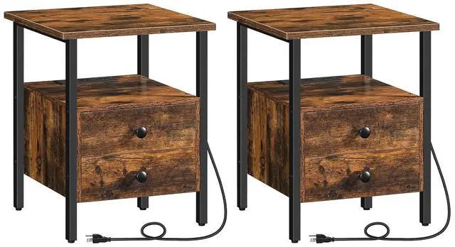 Main image of End Table Set of 2 with Charging Station, Bedside Table with 2 Drawer & USB Ports & Type-C Port, Nightstand for Small Spaces, Stable and Sturdy, for Living Room, Rustic Brown BF43UBZP201